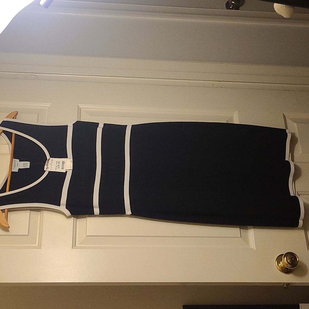 Navy blue with white stripe and trim dress